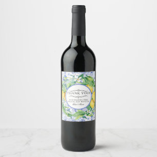 Lemon Floral Rustic Foliage Blue White Wedding Weinetikett