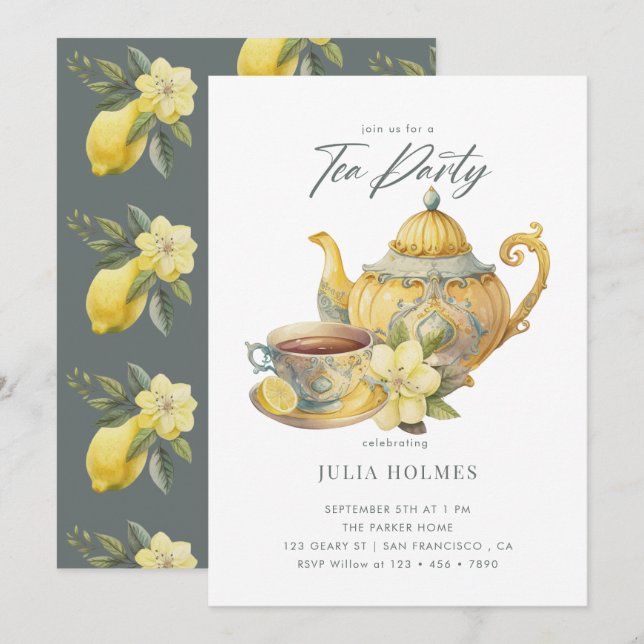 Lemon Floral | Teacup Tee Party Einladung (Vorne/Hinten)