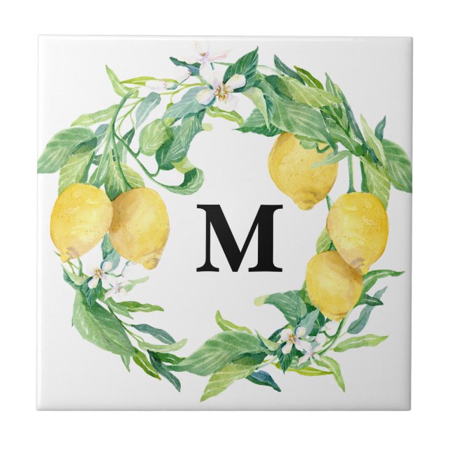 Lemon Floral Wraath w Family Monogram Fliese (Vorderseite)