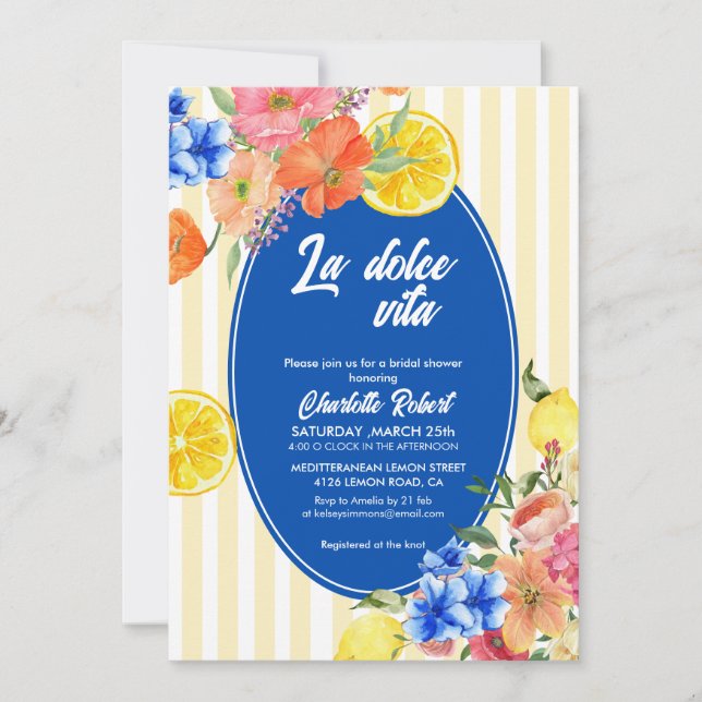 Lemon florales italienisches SommerBrautparty Einladung (Vorderseite)