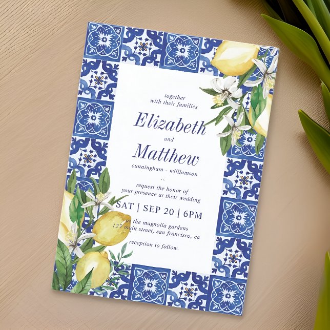 Lemon Foliage Blue Mediterranean Wedding Einladung (Von Creator hochgeladen)