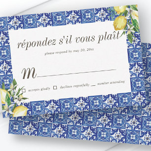 Lemon Foliage Blue Mediterranean Wedding RSVP Karte