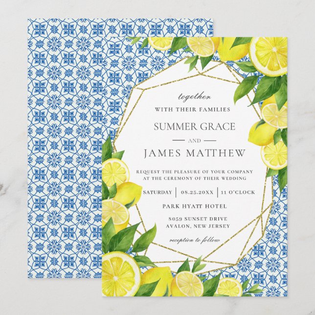 Lemon Foliage Mediterranean Wedding Einladung (Vorne/Hinten)