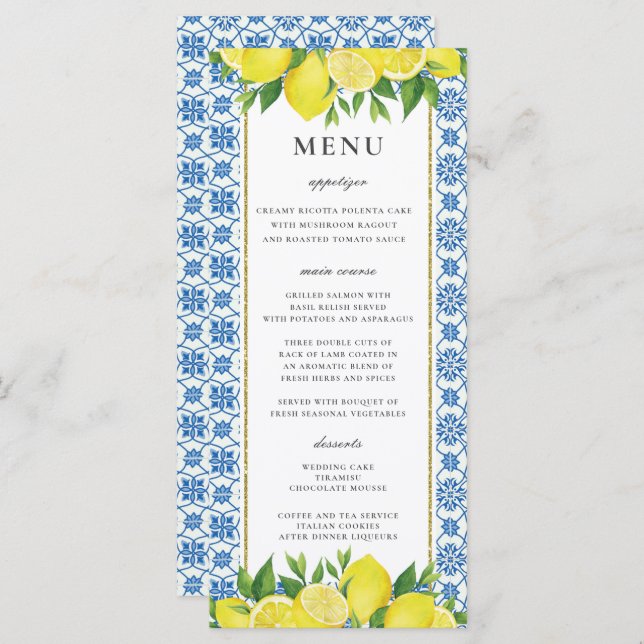 Lemon Foliage Mediterranean Wedding Menu Card Menükarte (Vorne/Hinten)