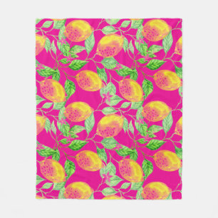 Lemon Fruchtmuster gelb pinkgrün Fleecedecke