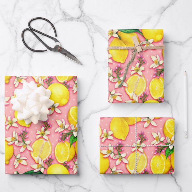 Lemon Fruit and Lemon Blossom Pink Geschenkpapier Set (Vorderseite)