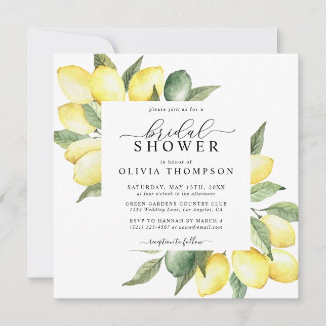 Lemon Fruit Watercolor Elegantes Brautparty Einladung (Vorderseite)