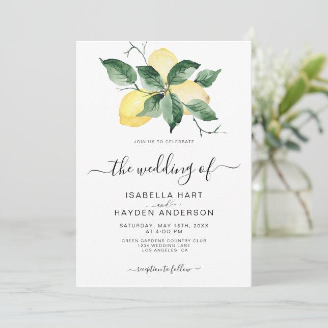 Lemon Fruit Yellow Garden Summer Greenerity Weddin Einladung (Stehend Vorderseite)