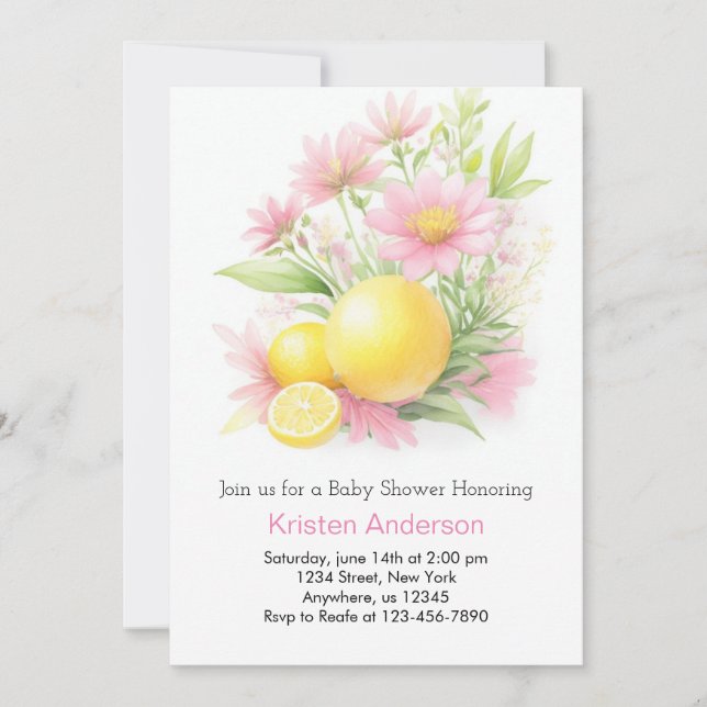 Lemon Garden Celebration Pink Girl Baby Dusche Einladung (Vorderseite)