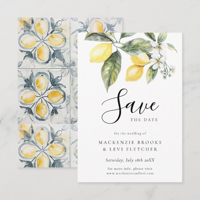 Lemon Garden Mediterrane Wasserfarbenhochzeit Save The Date (Vorne/Hinten)