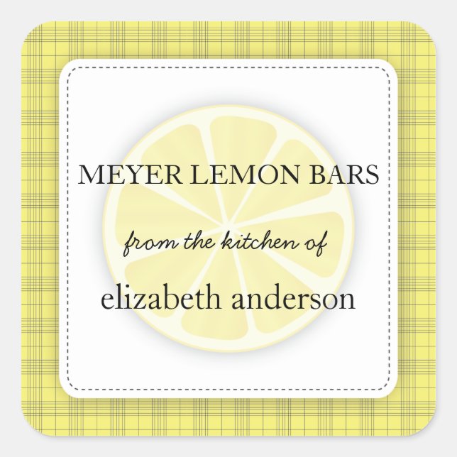 Lemon Gelb aus der Küche des Etiketts Kariert Quadratischer Aufkleber (Vorderseite)