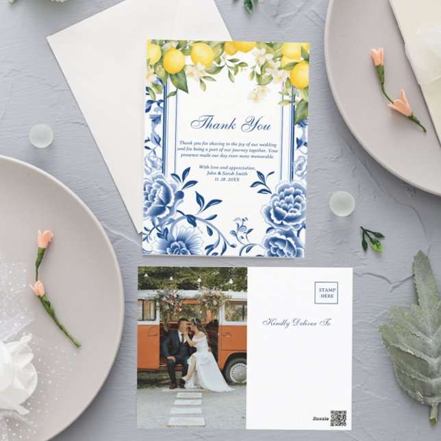 Lemon gelb und marineblau Hochzeit Vielen Dank Postkarte (Von Creator hochgeladen)