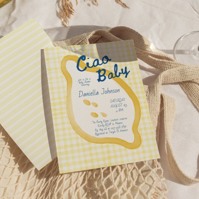 Lemon Gingham Ciao Baby Shower Einladung (Whimsical Ciao Baby Lemon Baby Shower Invite)