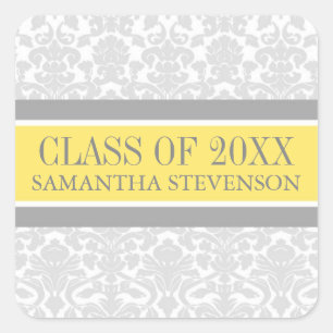 Lemon Gray Damask Abschluss Name des Jahres Quadratischer Aufkleber