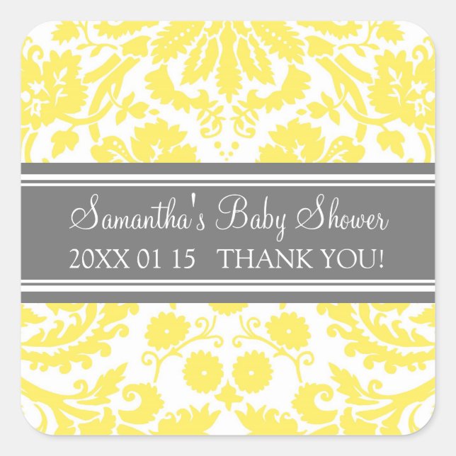Lemon Gray Damask Baby Dusche Pflegeaufkleber Quadratischer Aufkleber (Vorderseite)