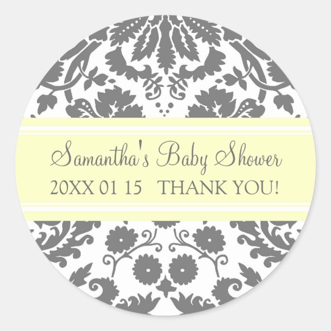 Lemon Gray Damask Baby Dusche Pflegeaufkleber Runder Aufkleber (Vorderseite)