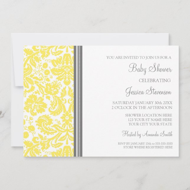 Lemon Gray Damask Custom Baby Shower Einladungen (Rückseite)
