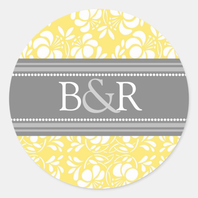 Lemon Gray Damask Monogram Umschlag Aufkleber (Vorderseite)