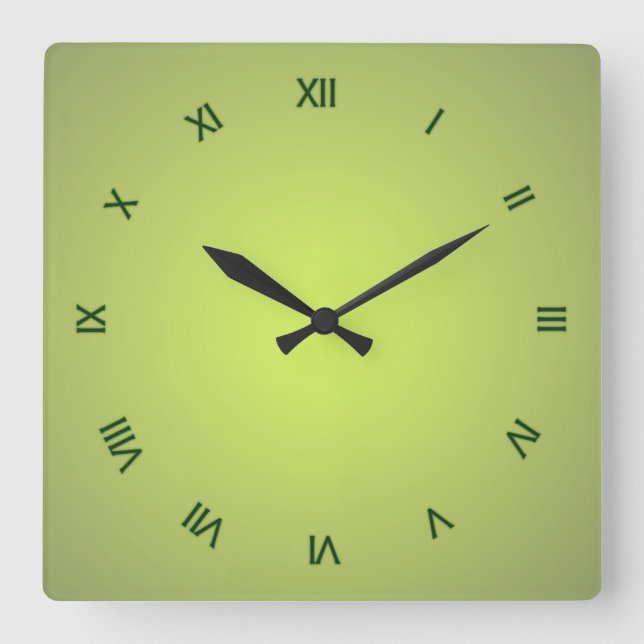 Lemon Green Dark Green Roman Numerals Quadratische Wanduhr (Vorderseite)