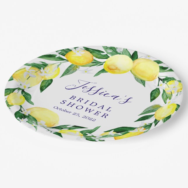 Lemon Greenery Blossom Brautparty Pappteller (Schrägansicht)