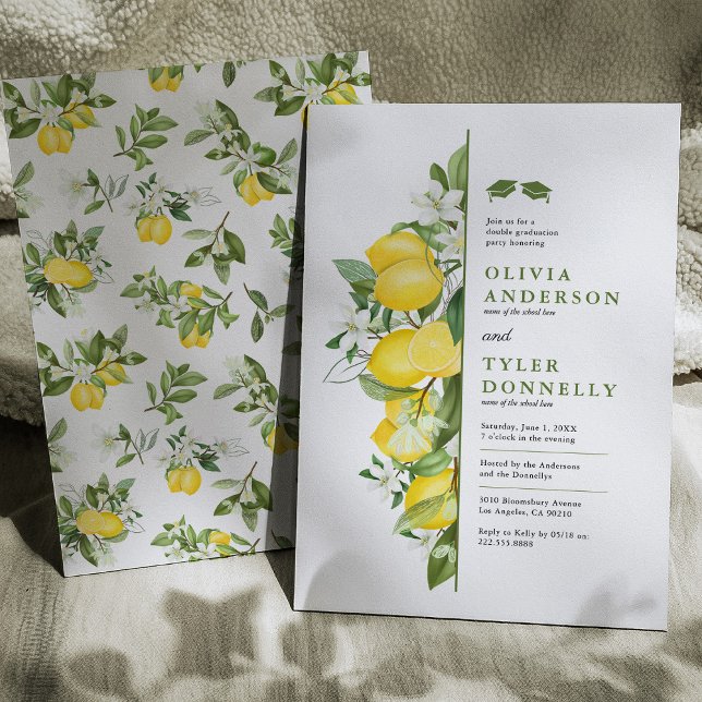 Lemon Greenery Double Graduation Party Einladung (Von Creator hochgeladen)