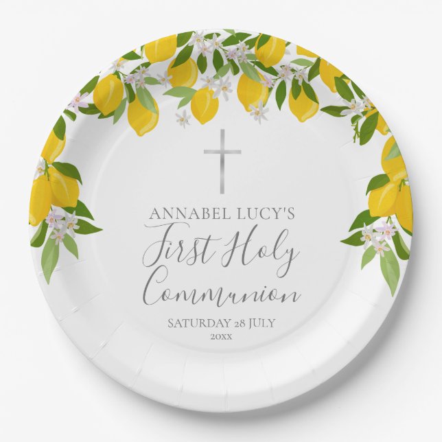 Lemon Greenery Erste Heilige Kommunion Pappteller (Vorderseite)