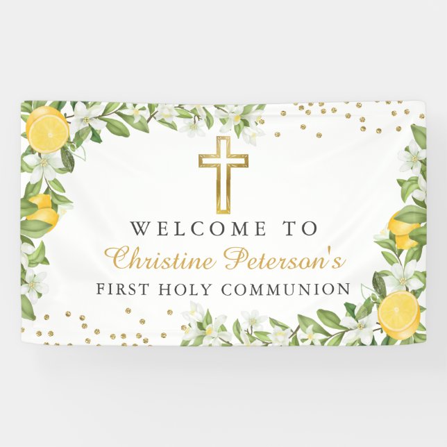 Lemon Greenery Erste Heilige Kommunion Willkommen Banner (Horizontal)