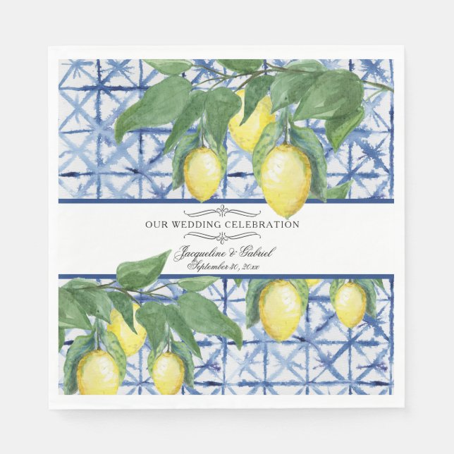 Lemon Greenery Floral Blauer Weißer Eleganter Hoch Serviette (Vorderseite)