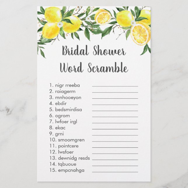 Lemon Greenery Gold Bridal Word Scramble Game (Vorderseite)