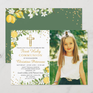Lemon Greenery Gold Glitzer Erste Kommunion Foto Einladung