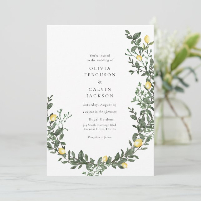Lemon Greenery Vines Wedding Einladung (Stehend Vorderseite)