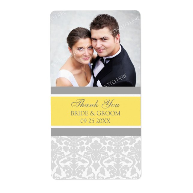 Lemon Grey Damask Photo Mariage Étiquettes (Devant)