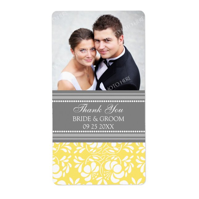 Lemon Grey Damask Photo Mariage Étiquettes (Devant)