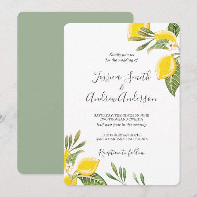 Lemon Hochzeit Einladung Bohemische Blume Citrus (Vorne/Hinten)