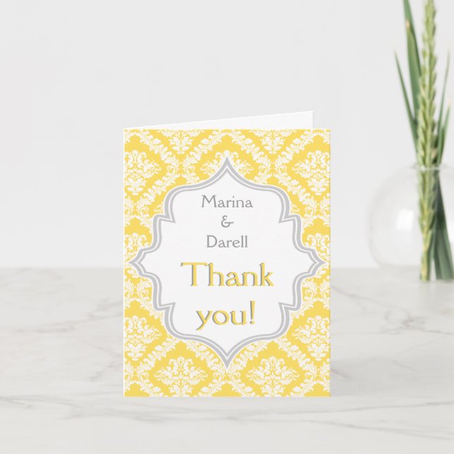 Lemon-Hochzeit mit grauem Damast Dankeschön Foto Dankeskarte (Vorderseite)