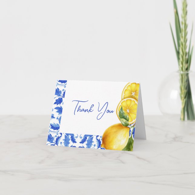 Lemon Italian Amalfi Blue Tile Baby Dusche Dankeskarte (Vorderseite)