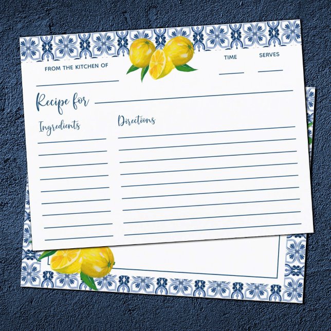 Lemon Italian Blue Tile Brautparty Rezept Card Mitteilungskarte (Von Creator hochgeladen)