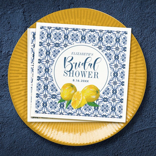 Lemon Italian Blue Tile Wedding Brautparty Serviette (Lemon Mediterranean Bridal Shower Napkin)