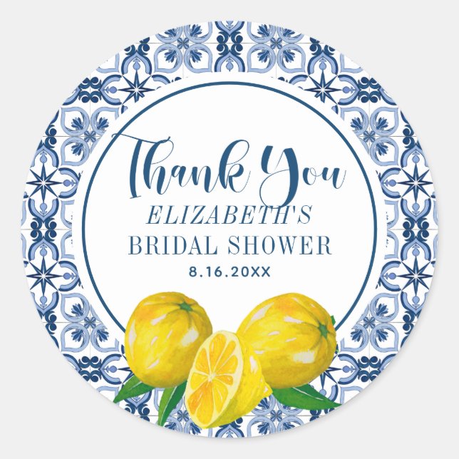 Lemon Italian Blue Tile Wedding Danke Sticker (Vorderseite)