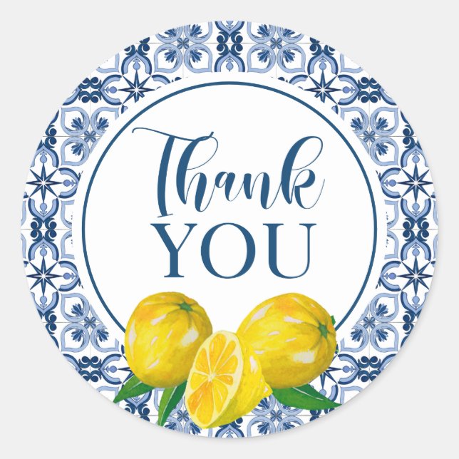 Lemon Italian Blue Tile Wedding Danke Sticker (Vorderseite)