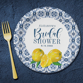 Lemon Italian Blue Tile Wedding Danke Sticker Pappteller