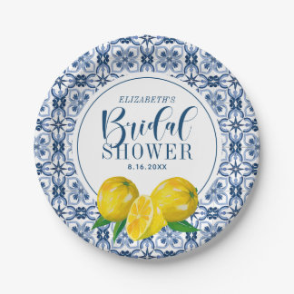 Lemon Italian Blue Tile Wedding Danke Sticker Pappteller