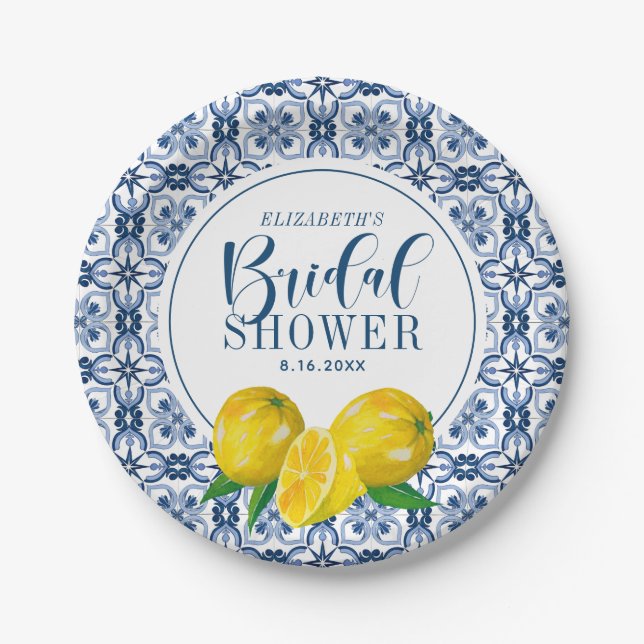 Lemon Italian Blue Tile Wedding Danke Sticker Pappteller (Vorderseite)