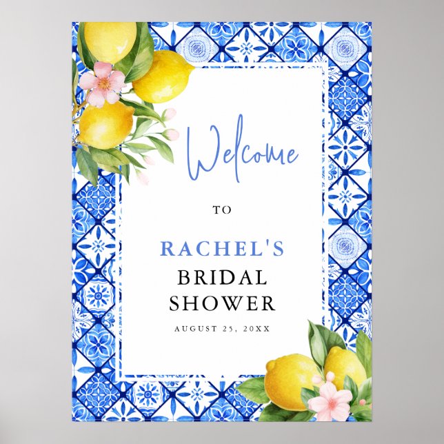 Lemon Italian Blue Tiles Brautparty Empfang Poster (Vorne)