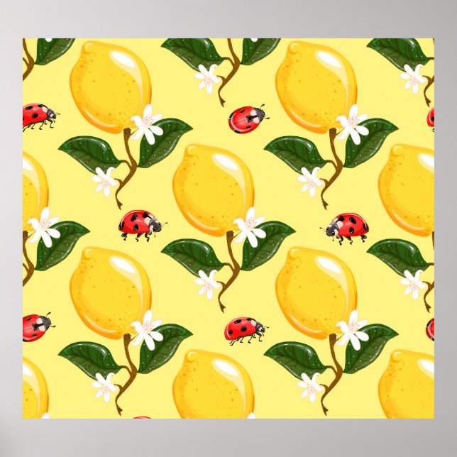 Lemon Ladybug: Tropisch Gelbes Muster. Poster (Vorne)