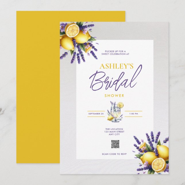 Lemon Lavender QR Code Bridal Dusche Einladung (Vorne/Hinten)