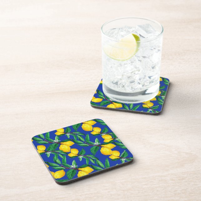 Lemon Leaf Yellow Green Blue Pattern Drink  Getränkeuntersetzer (Rechte Seite)