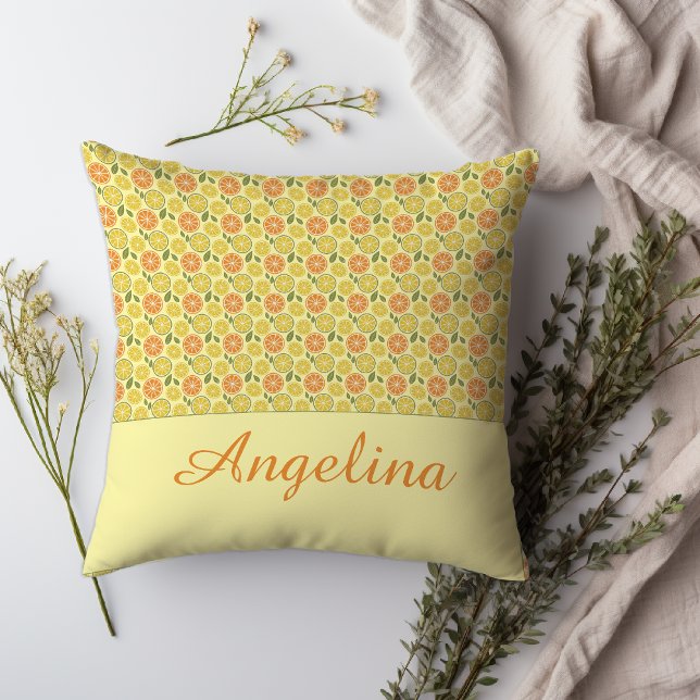 Lemon leaves white yellow orange Pattern name  Kissen (Get ready to snuggle up with our super-cozy Throw Pillow!)
