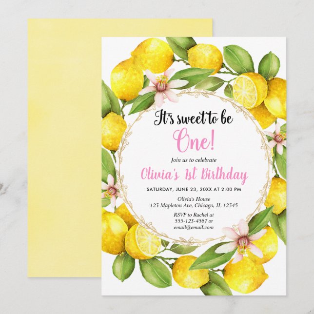 Lemon Lemonade Mädchen Einladung zum 1. Geburtstag (Vorne/Hinten)