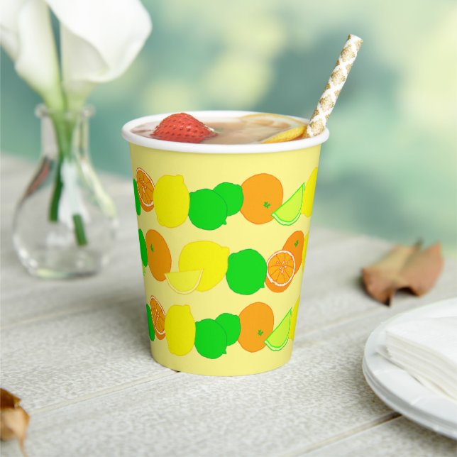 Lemon, Limon und Orangen Farbiges Zitronenmuster Pappbecher (In Situ)
